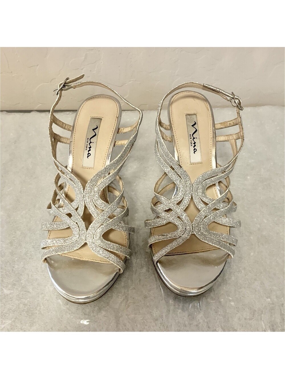 Nina Silver Glitter Strappy Open Toe Ankle Strap Buckle Heels US 8 EU 38